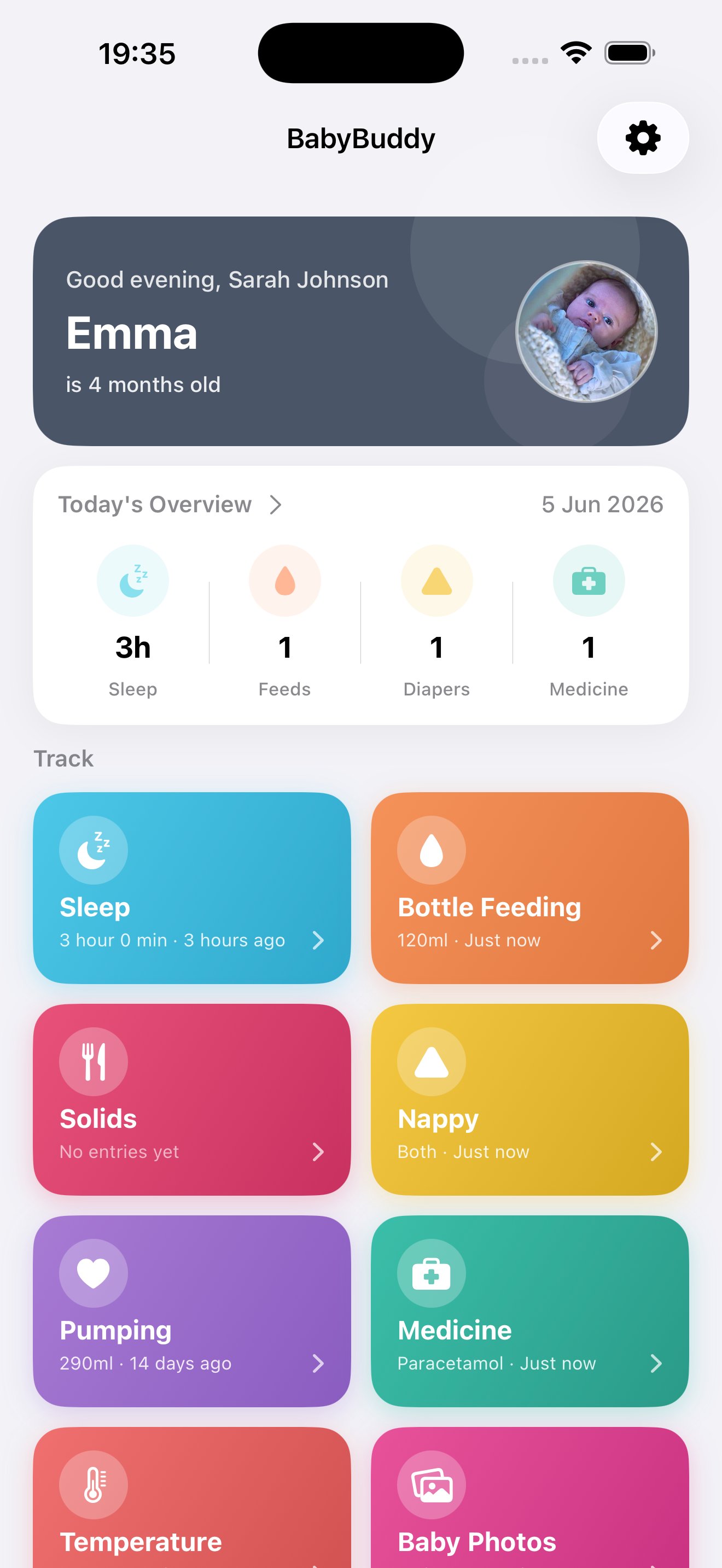 BabyBuddy home screen showing activity tracking